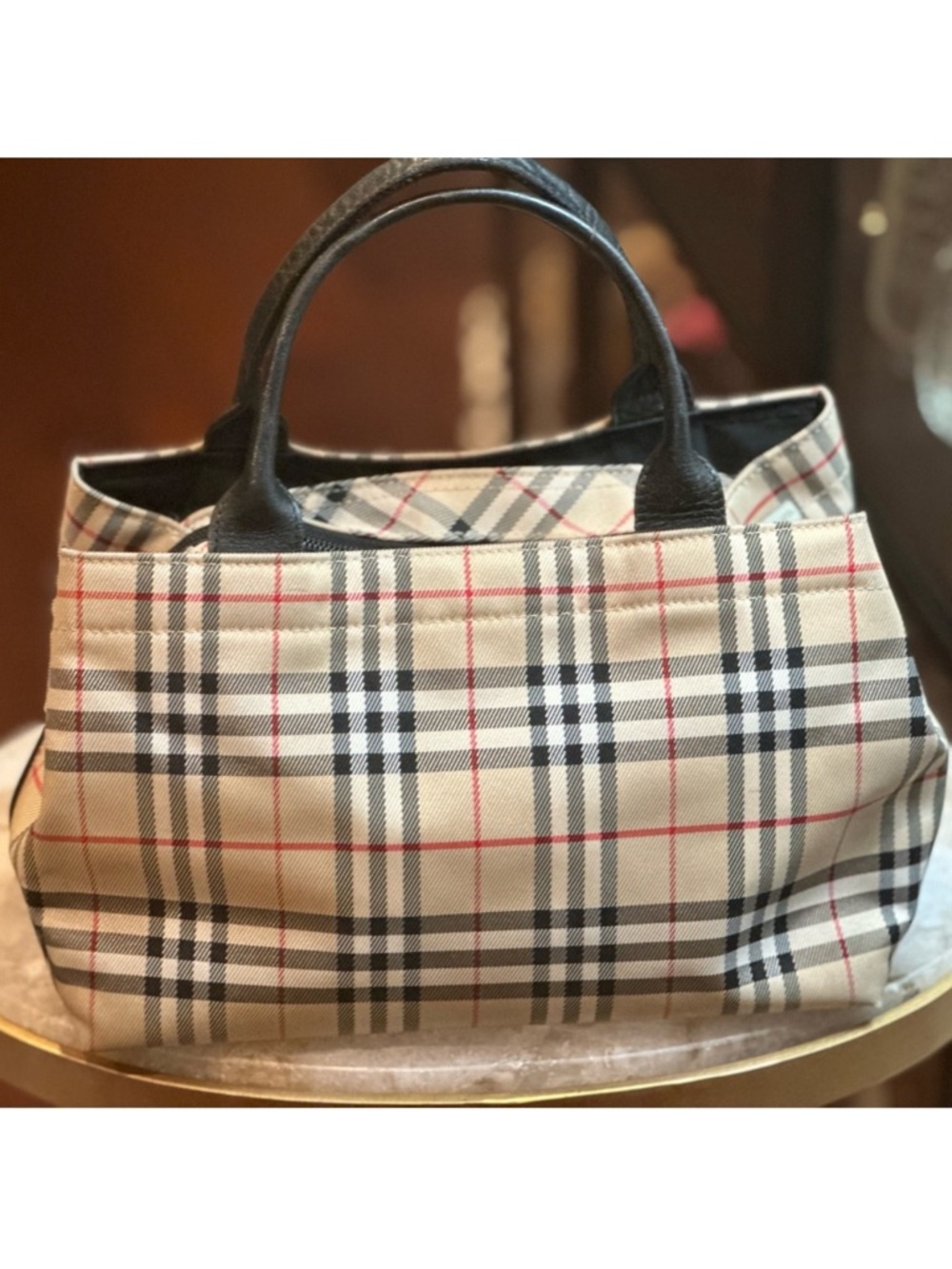 Burberrys Blue Label🔥Beige Plaid Tote with Black Trim,Red Accents